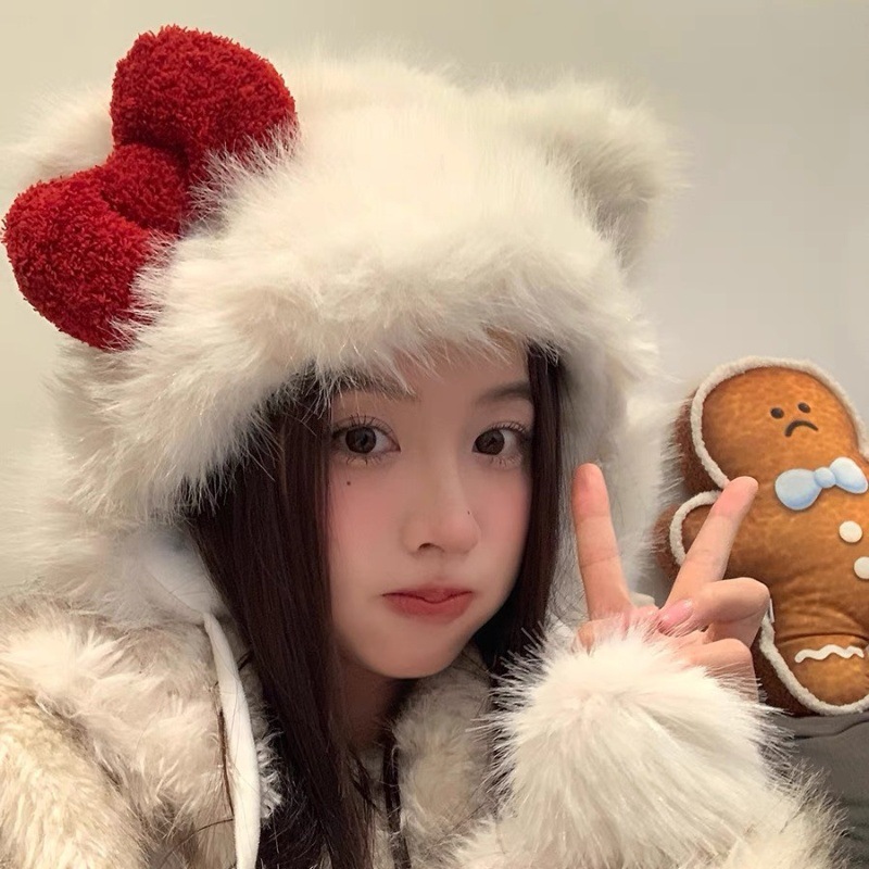 可爱蝴蝶结毛绒帽韩系冬季少女心时尚雷锋帽防风防冻保暖护耳帽子