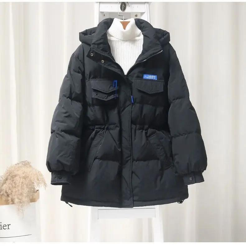 羽绒服女中长款2023新款爆款韩版连帽收腰显瘦别针白鸭绒外套