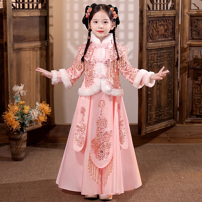 汉服女童冬款2024新款秋冬连衣裙冬季加绒冬装儿童唐装拜年服女冬