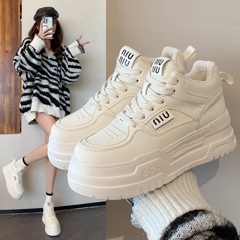 【蔓菲】真皮厚底小白鞋 ▎加绒高帮时尚潮鞋百搭休闲板鞋女 ▎跟5cm