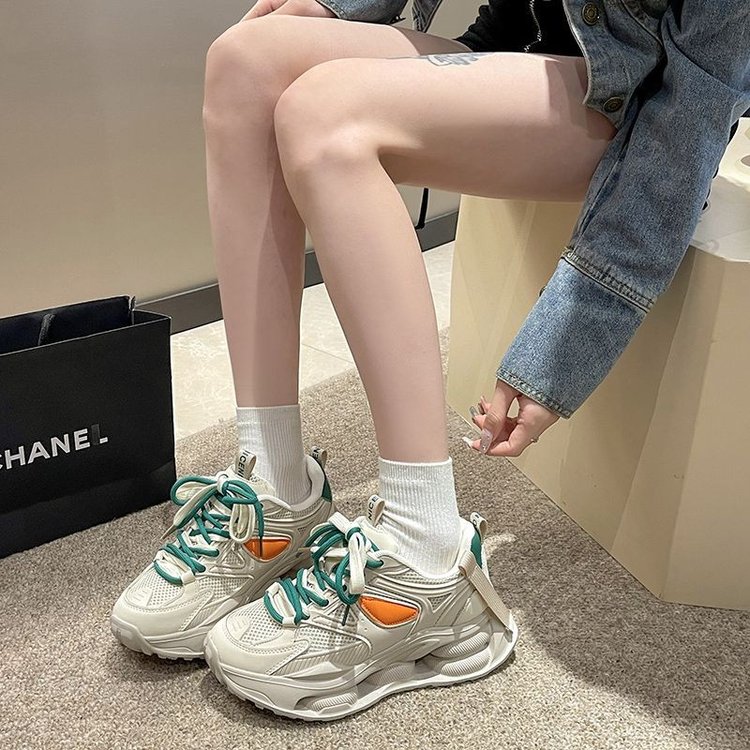 红蜻蜓牌老爹鞋女2023年新款百搭厚底网面双鞋带透气休闲运动潮H