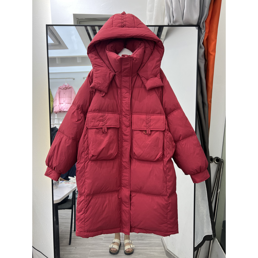 2023年韩版反季新款羽绒服女中长款连帽白鸭绒过膝加厚宽松羽绒棉