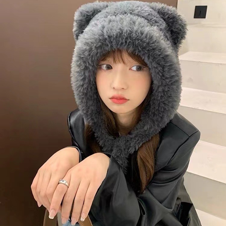 韩版可爱小熊针织帽女毛绒加厚帽子加绒秋冬季护耳帽显脸小毛线帽