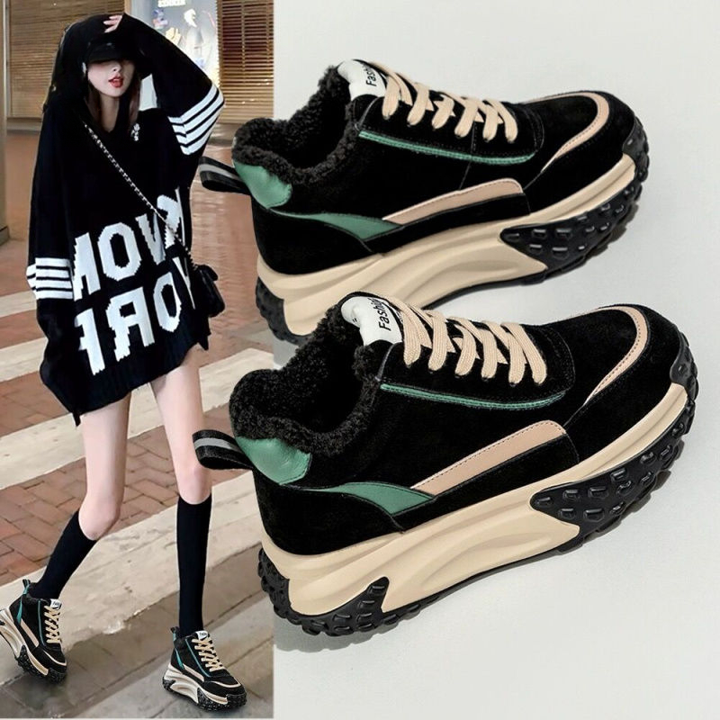 红蜻蜓牌冬季加绒棉鞋女2023秋冬新款阿甘运动老爹鞋百搭休闲高帮