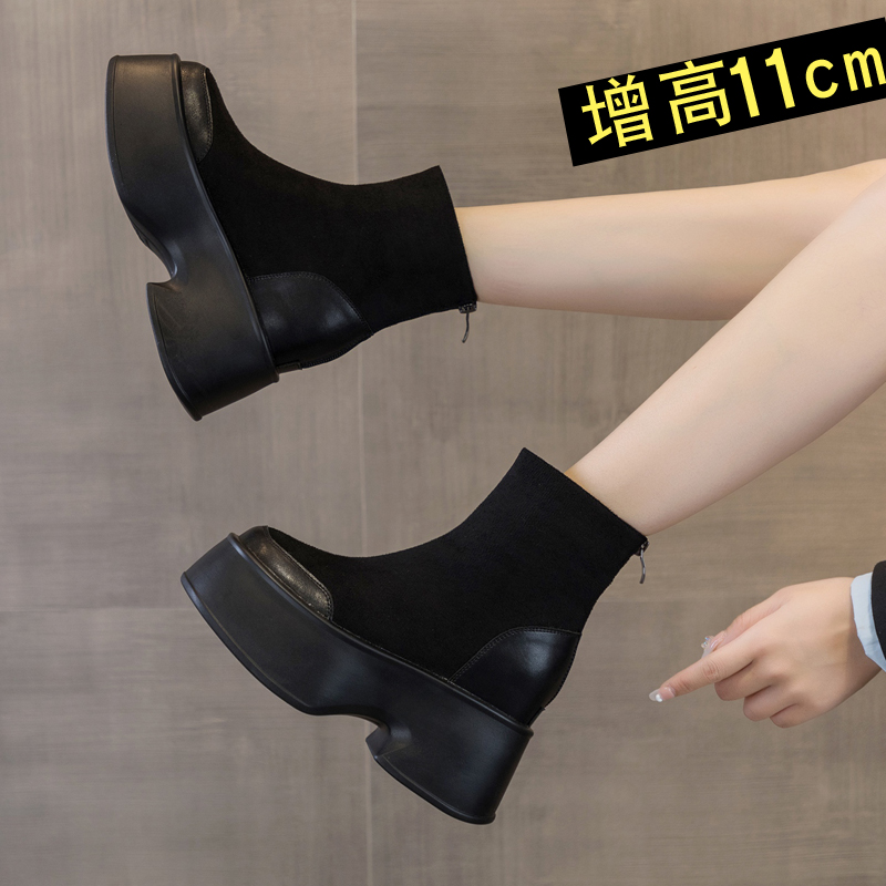红蜻蜓牌瑞11cm内增高马丁靴女2023年新款小个子显高靴子秋冬绒面
