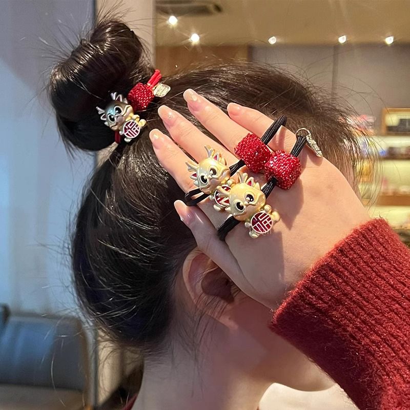 2024新款高级感红色龙年头绳中国风发圈皮筋女扎头马尾丸子头皮套