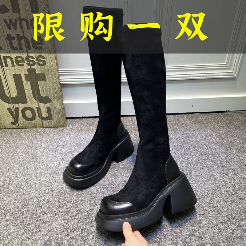 红蜻蜓牌2023秋冬厚底高筒弹力靴女百搭磨砂长靴子小众高筒日常