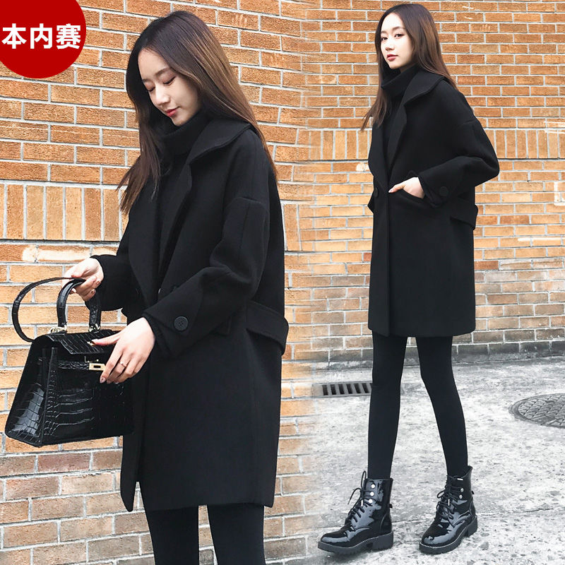 显瘦黑色呢子大衣中长款毛呢外套女潮加棉厚反季秋冬新款韩版宽松