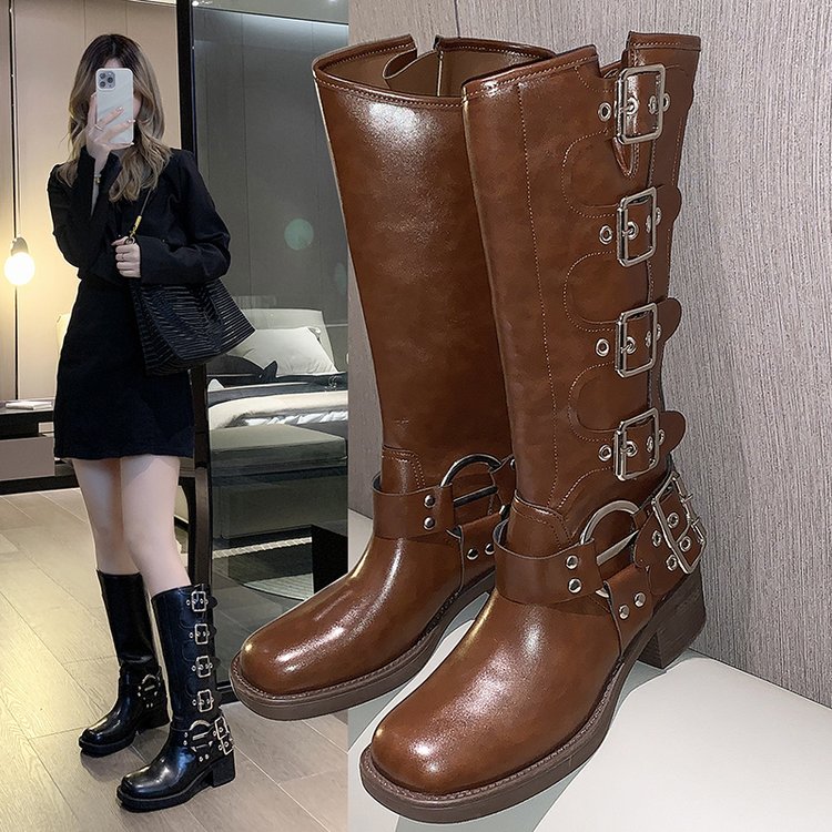 四季回力休闲女鞋miu*走秀款皮带扣粗跟马丁靴女春夏软皮复古不过