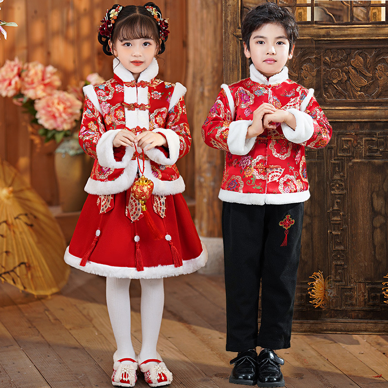 汉服女童拜年服中国风冬男宝宝周岁礼过年唐装元旦儿童喜庆演出服
