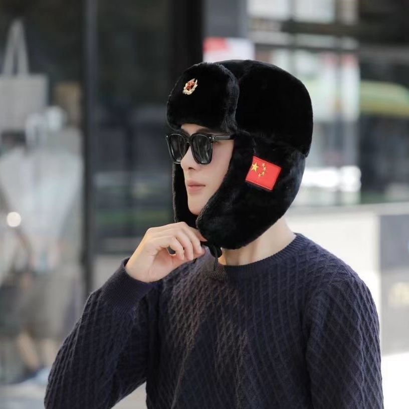 雷锋帽男冬骑车保暖毛绒国潮火车头帽红五角星东北棉帽子女护耳
