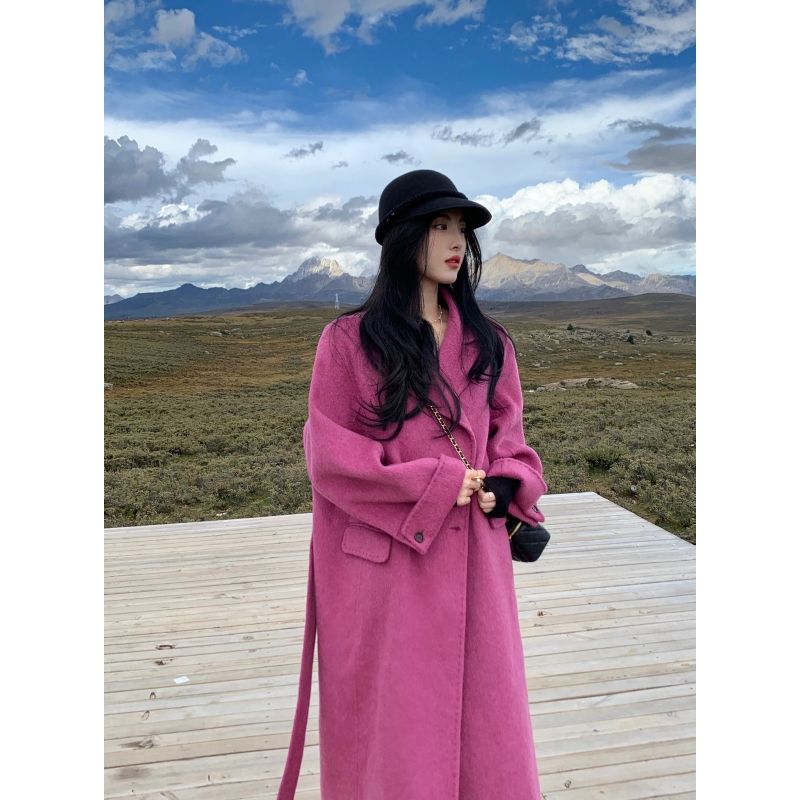 玫粉色气质名媛大衣女秋冬温柔风过膝长款高级感毛呢外套