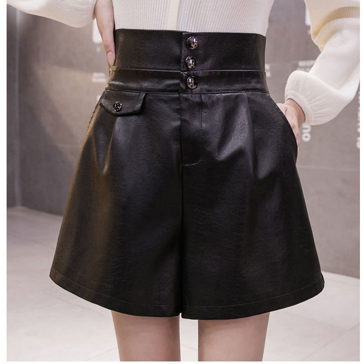 皮短裤女2023新款秋冬宽松高腰a字阔腿韩版显瘦百搭皮裤外穿靴裤
