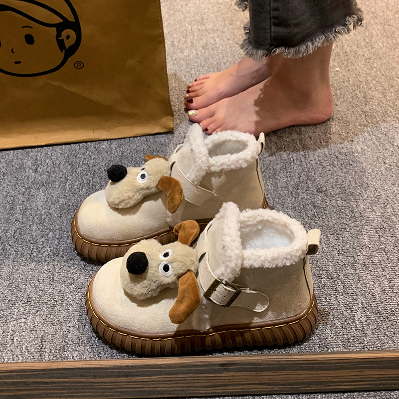可爱小狗加绒毛毛雪地靴子女2023年冬季新款加厚保暖棉鞋防滑短靴