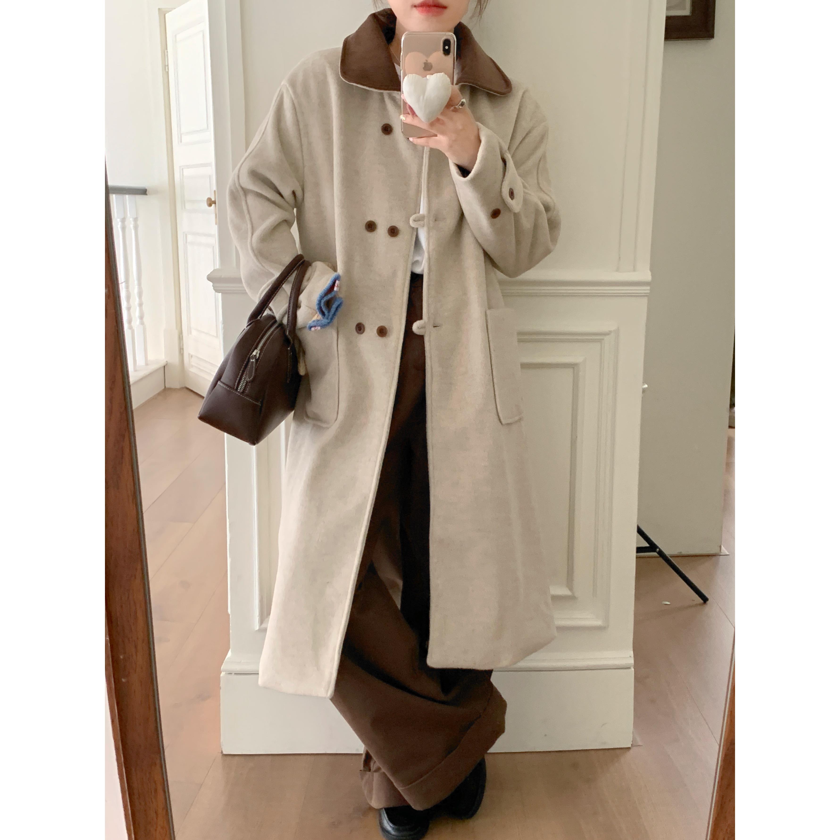 时尚气质新款韩版宽松直筒设计感呢子大衣女冬中长版过膝外套