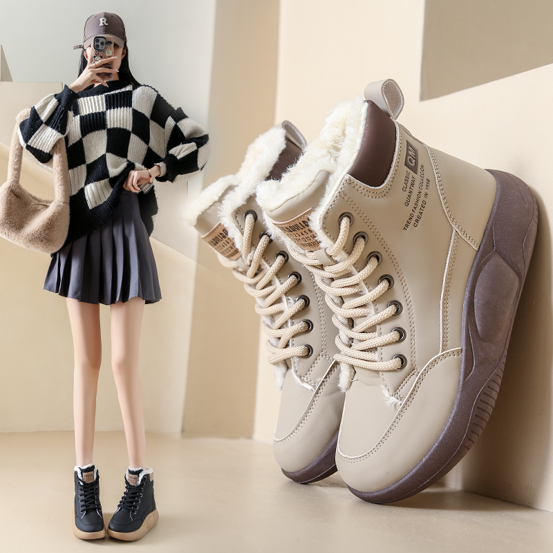 高帮鞋加绒棉鞋ins女2023冬季新款百搭学生厚底雪地休闲鞋XQ5867