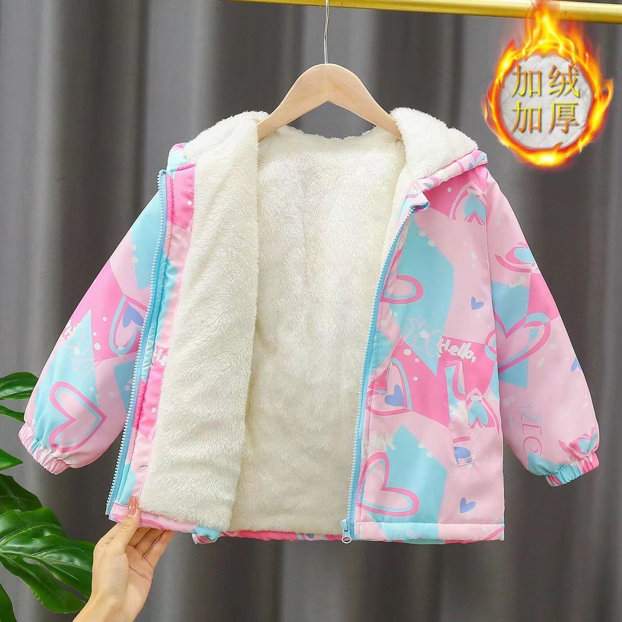 【沃玛】女童秋冬冬加绒外套韩版2023新款小童连帽衣服女宝宝加厚