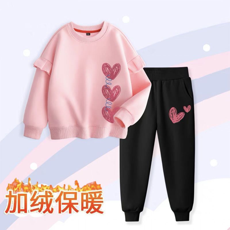 冬季女童加绒保暖套装中大童装运动儿童洋气冬天保暖卫衣两件套潮