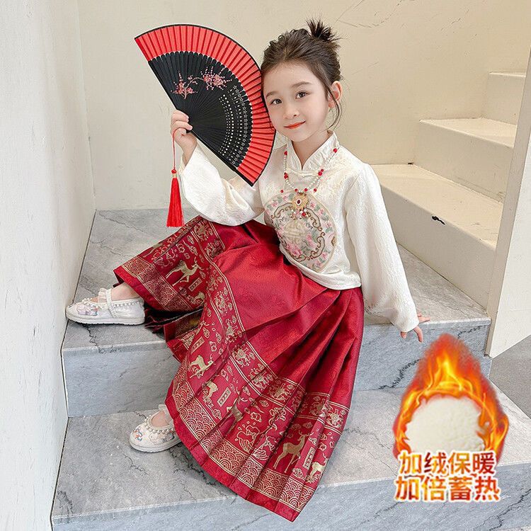 马面裙女童秋冬套装2023新款冬季儿童装女宝宝汉服古风超仙连衣裙