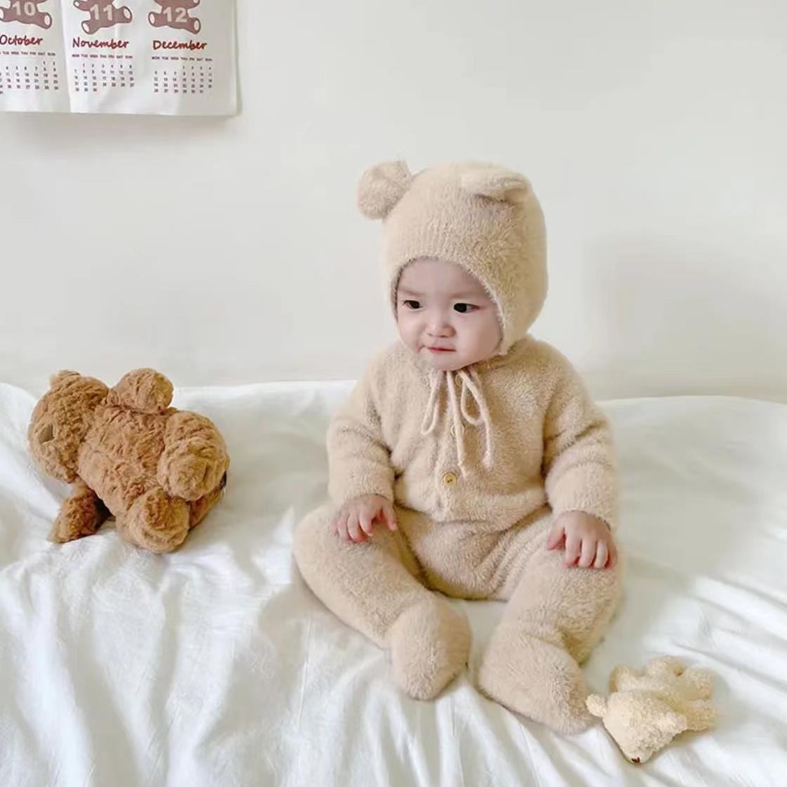 儿童紧身衣婴儿衣服秋冬猴子宝宝熊熊连体衣毛毛衣狗熊双面in幼儿