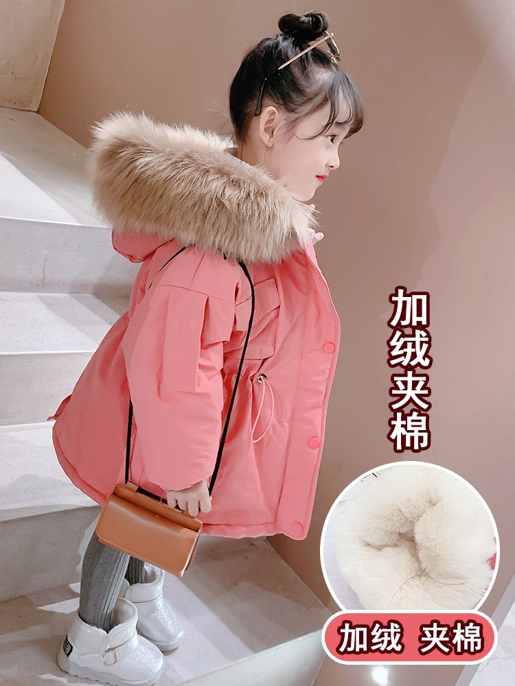 女童派克服加绒夹棉中小童加厚棉衣中长款儿童女宝宝洋气外套冬装