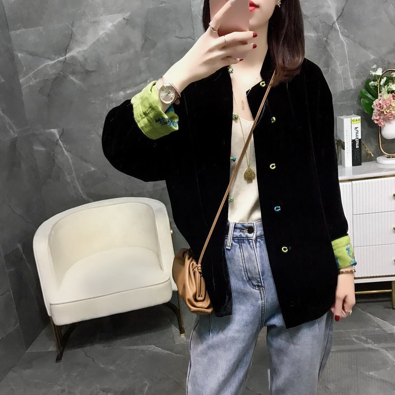 2023春装新款洋气国潮中国风金丝绒韩版立领盘扣上衣撞色外套女装