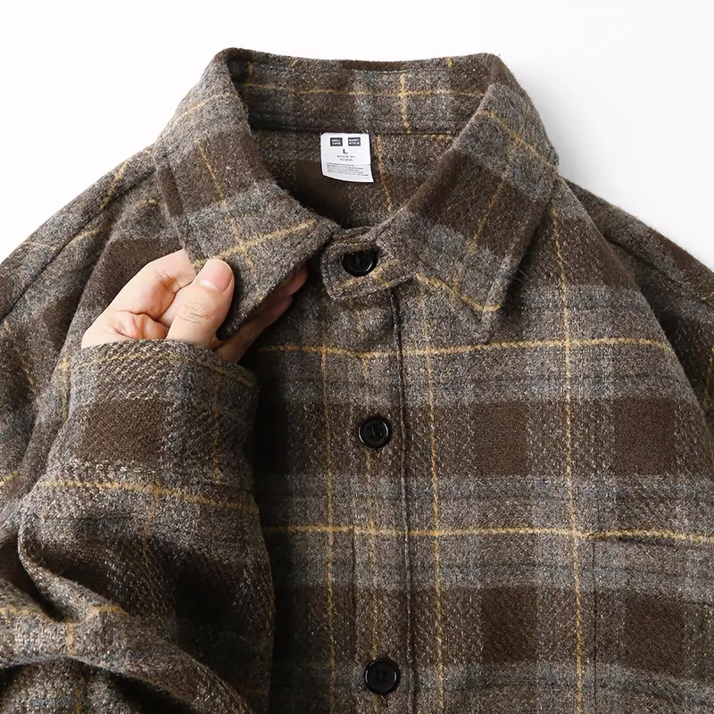 小扬哥推荐美式复古磨长袖格子衬衫外套男秋冬重磅休闲翻领ins帅1