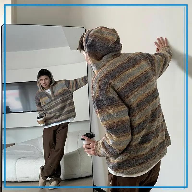 美式复古字母刺绣条纹彩虹连帽毛衣男秋冬宽松针织打底外套潮牌