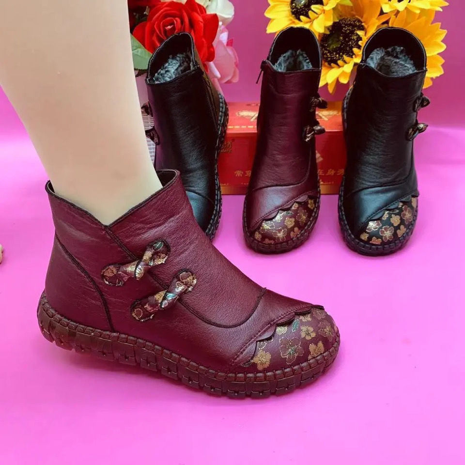红蜻蜓牌老北京布鞋女棉鞋冬季加绒保暖软底防滑平底中老年棉短靴