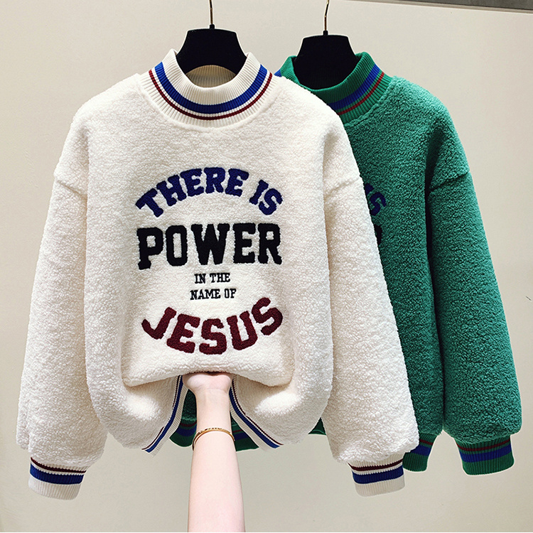 L防羊羔毛加绒加厚卫衣女秋冬季2023新款