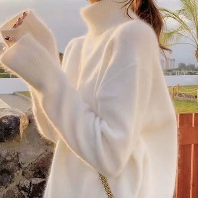 白色水貂绒高领毛衣女秋冬加厚温柔软糯宽松慵懒风内搭针织衫上衣