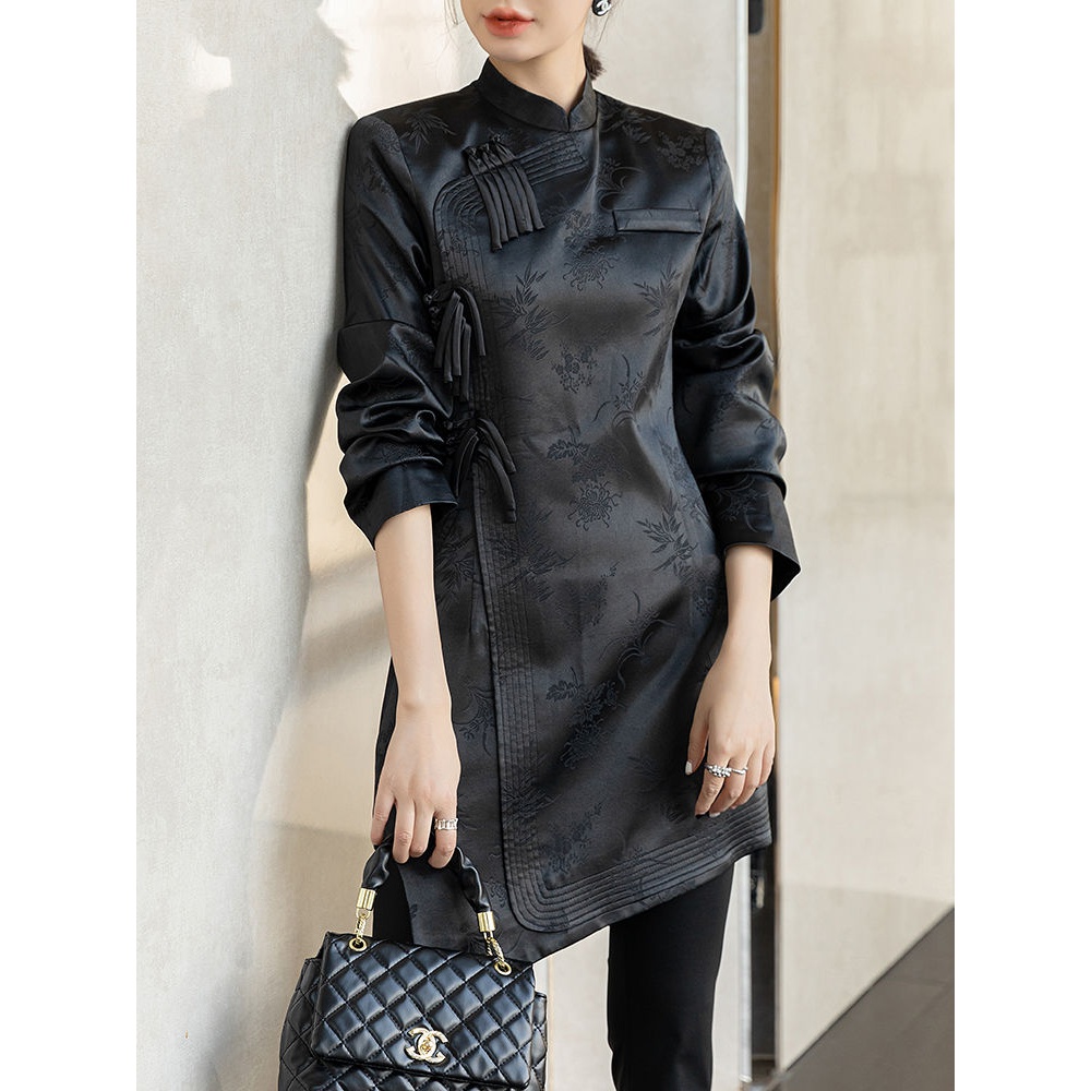 黑色改良日常旗袍女设计感小众浮雕提花中式国风收腰显瘦连衣裙秋