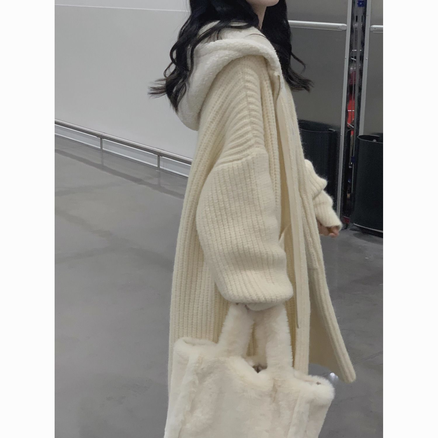 韩版中长款连帽针织开衫女秋冬加厚宽松百搭慵懒风过膝毛衣外套