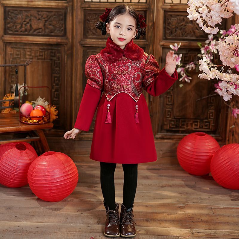 女童汉服冬季新2023款古风女孩拜年服裙子加厚夹棉儿童连衣裙唐装