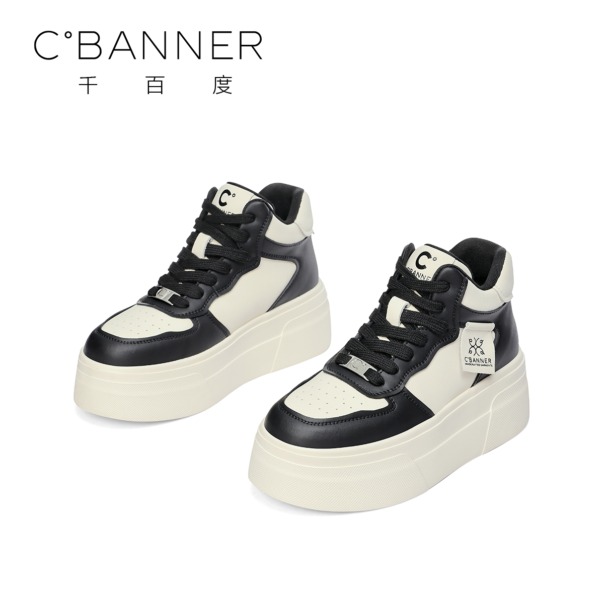 C.BANNER/千百度增高松糕鞋2024女新款厚底拼色高帮鞋透气运动鞋