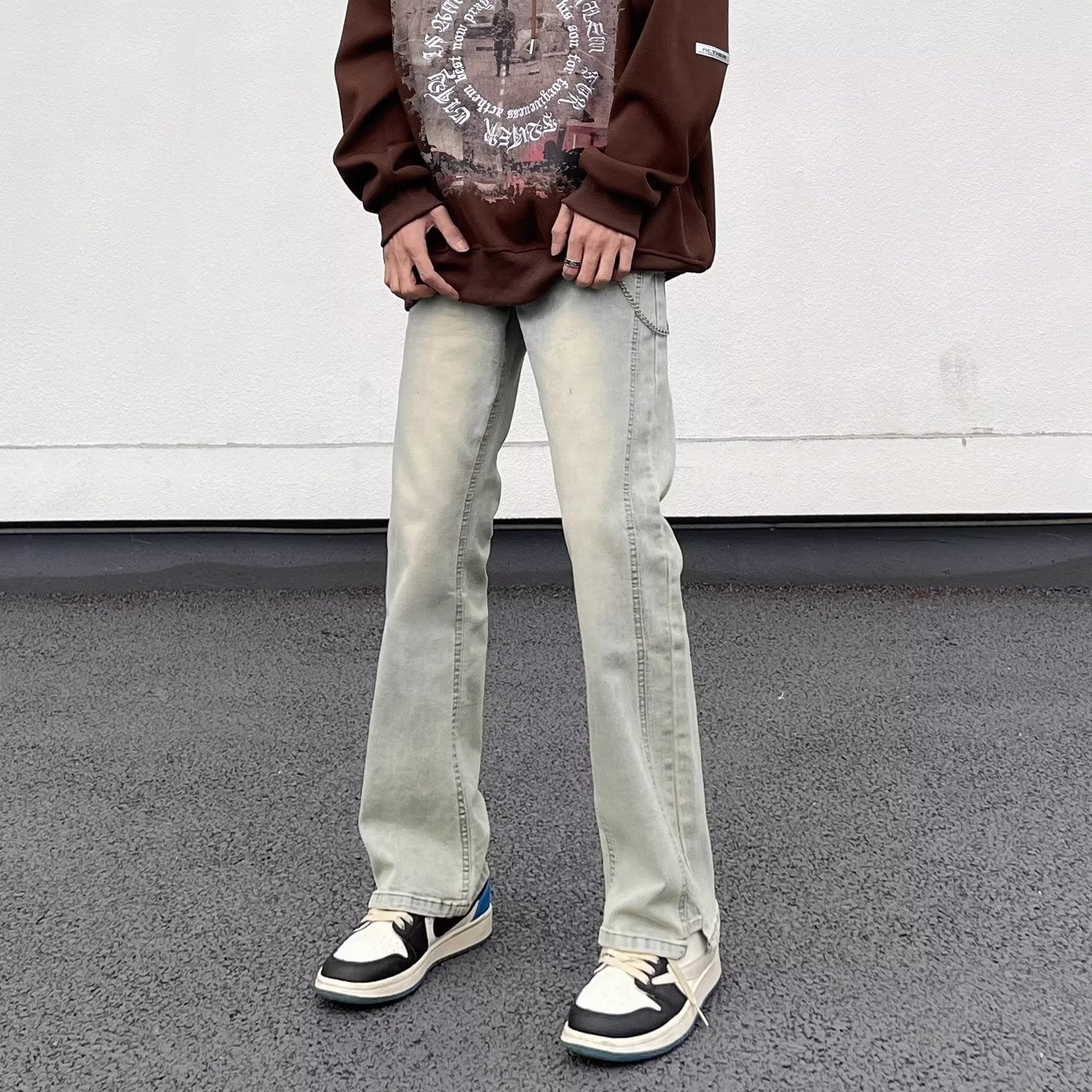 水洗做旧牛仔裤男秋季美式复古直筒vibe裤子hiphop宽松修身休闲裤