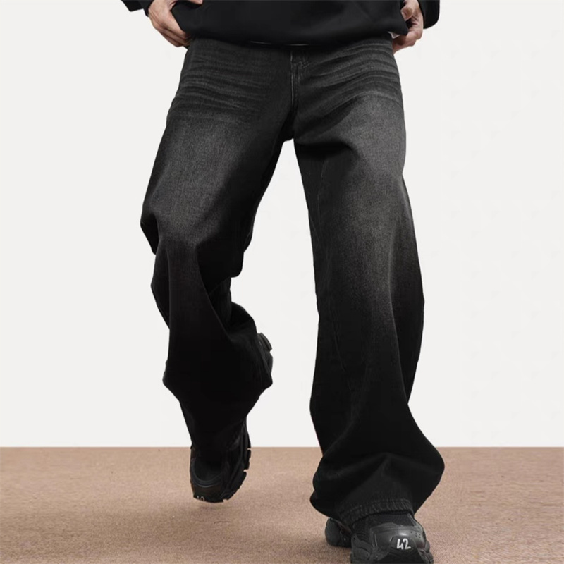 春秋季美式复古黑色垂感牛仔裤高街高级潮牌cleanfit裤子男