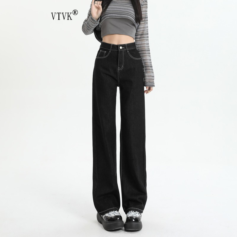 VTVK黑色直筒牛仔裤女2023新款加绒高腰显瘦宽松百搭窄版阔腿裤子