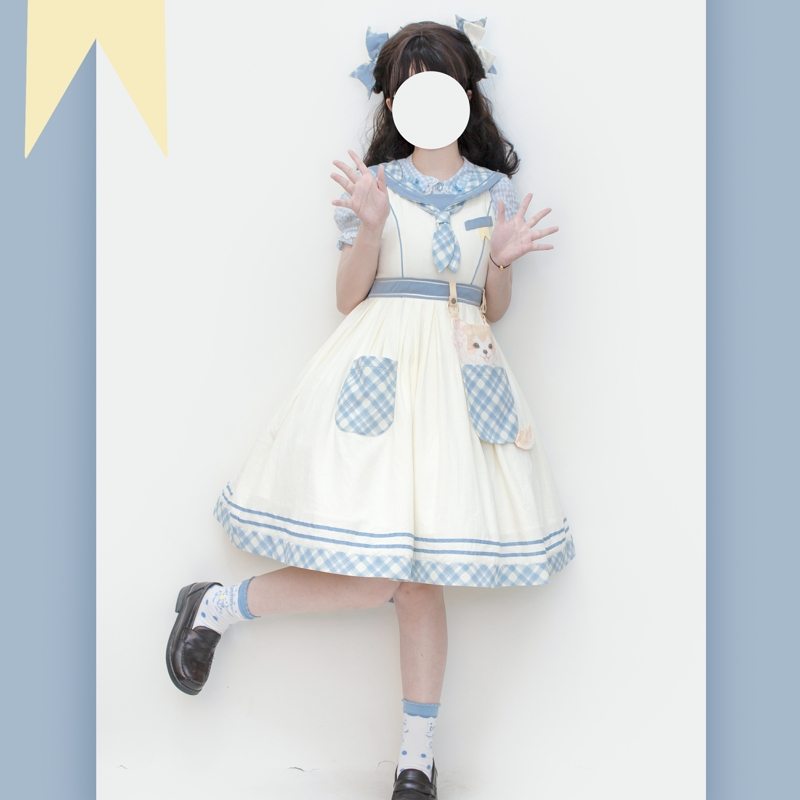 小阿柴jsk甜心贩售机lolita海军风可爱连衣裙短袖口袋日常软妹裙