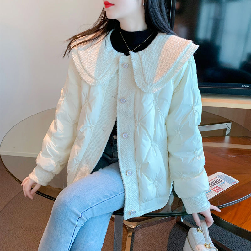 雅鹿白鸭绒小香风娃娃领羽绒服外套女2023冬季新款韩版设计感显瘦
