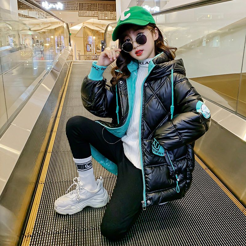 童装潮款Y大童袄衣冬装亮皮免洗宽松连帽衣加绒加厚中长款羽绒服