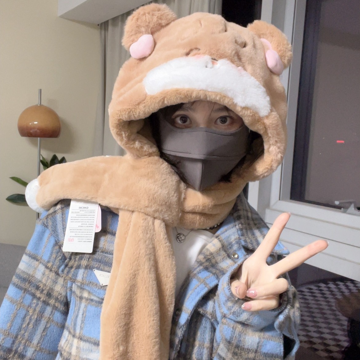 mikko正版授权毛绒绒护耳帽子可爱小狗小熊雷锋帽冬季保暖包头帽