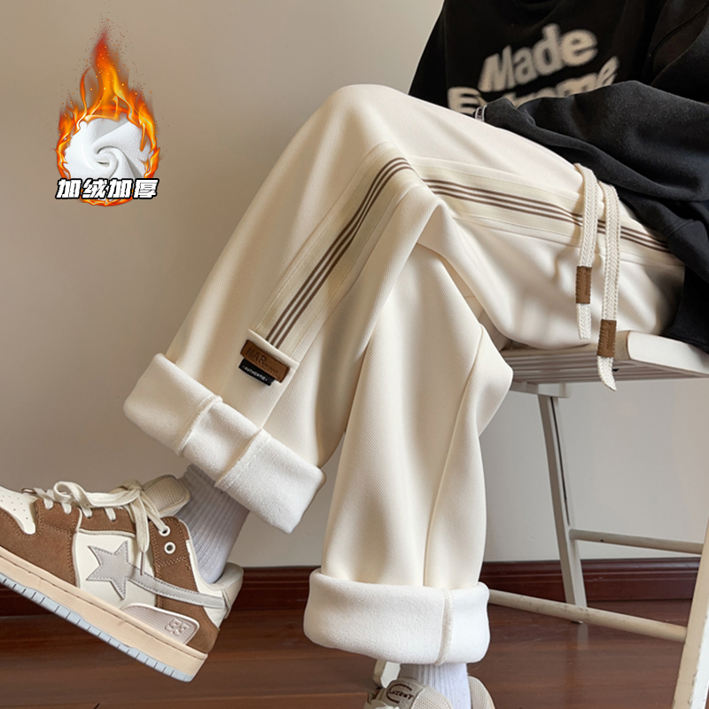 美式vibe风条纹裤子男款秋冬加绒加厚直筒卫裤休闲百搭高街休闲裤