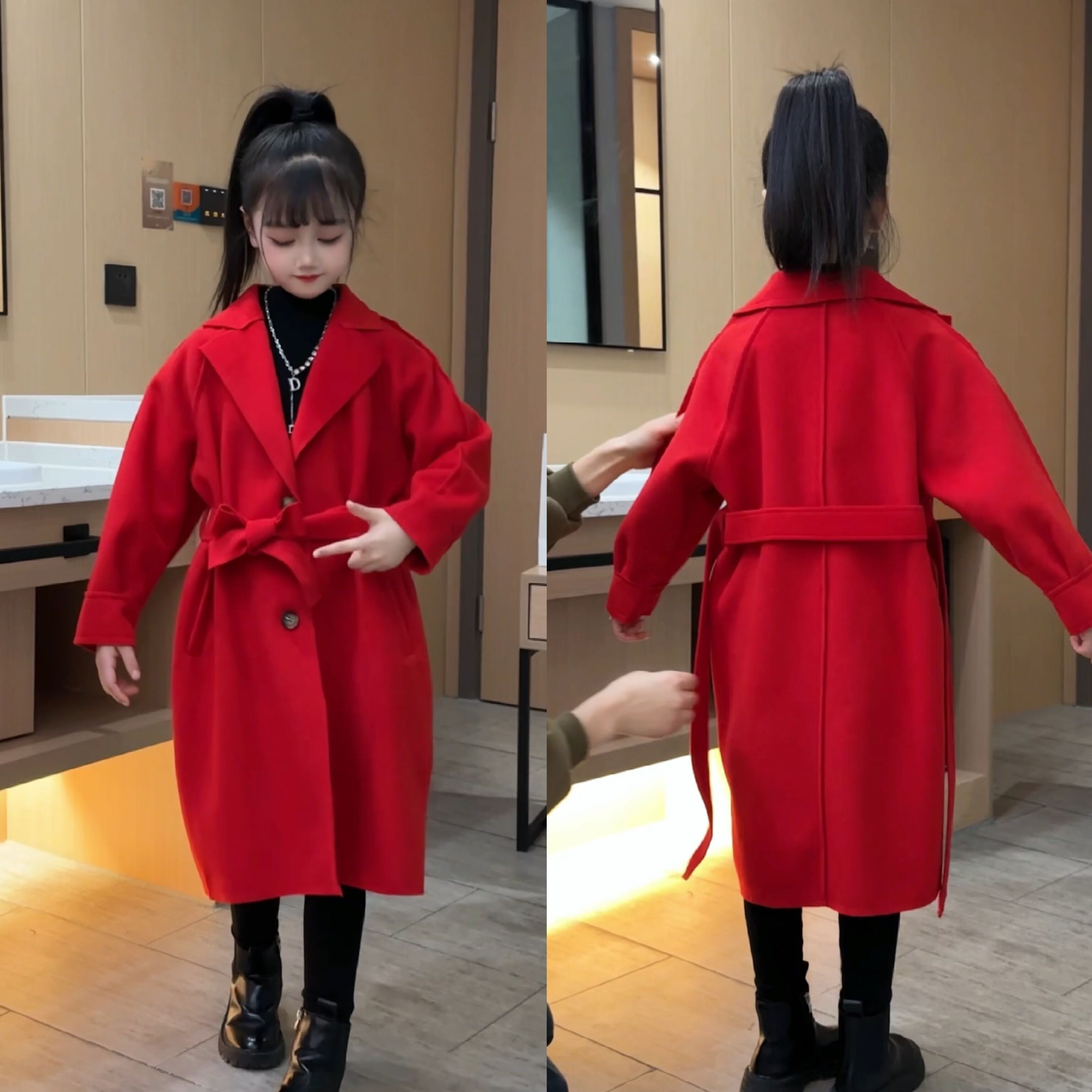 俏咪咕女童冬季新款时尚洋气中长款加厚双面妮子大衣