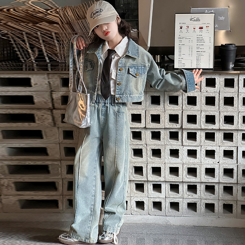 俏咪咕女童春季新款韩版潮酷帅气简约复古牛仔套装