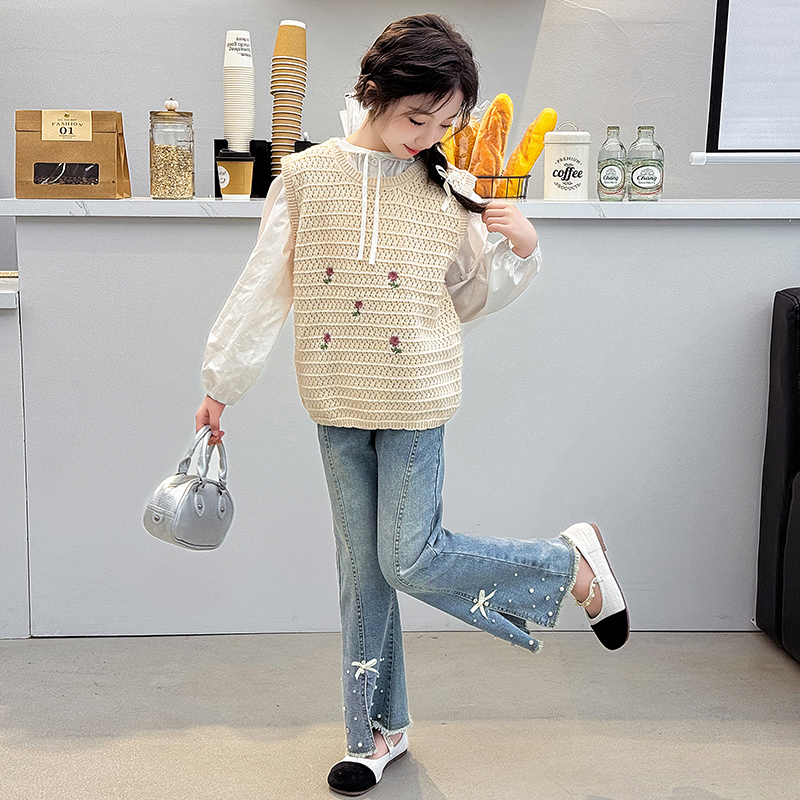 俏咪咕女童春季新款韩版洋气时髦马甲衬衣牛仔裤三件套