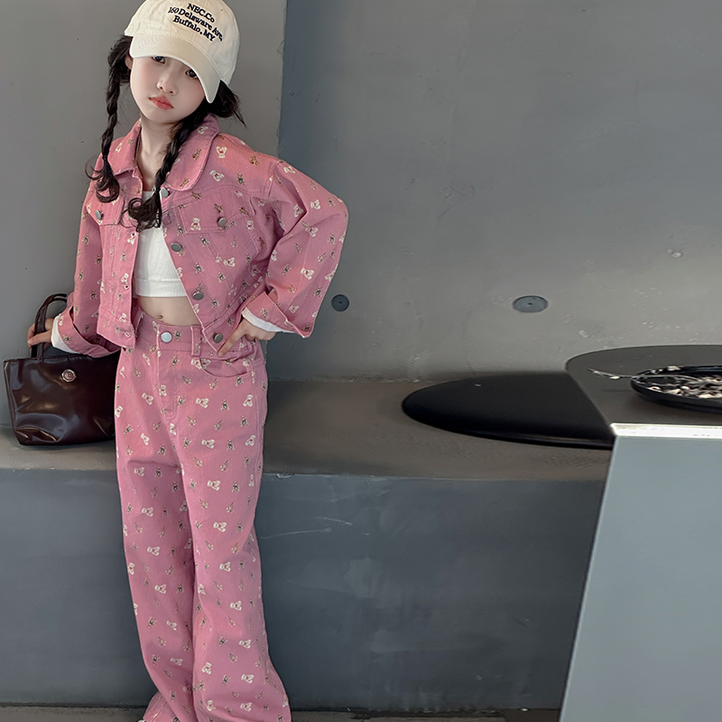 俏咪咕女童春季新款韩版洋气时髦皮布印花套装