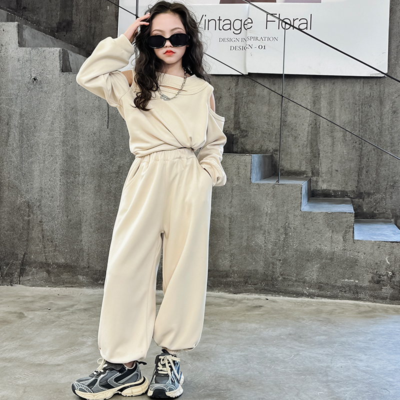 俏咪咕女童春季新款韩版洋气心机露肩正反两穿上衣裤子套装