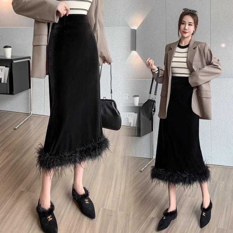 加绒金丝绒半身裙女2023秋冬新款名媛优雅高腰中长款毛边包臀长裙