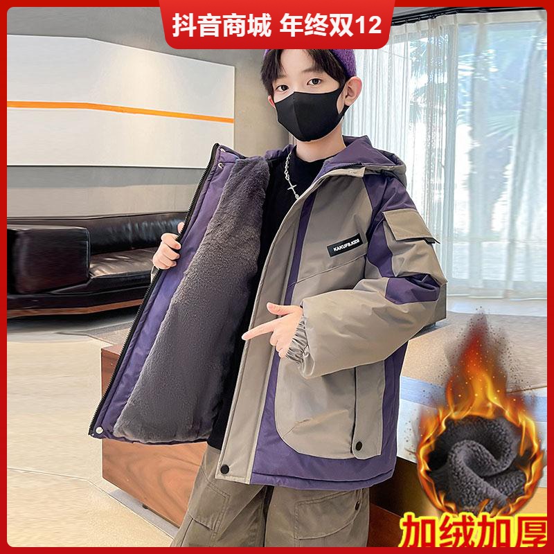 安踏流行儿童装男童加绒外套秋冬款2023新款加厚派克服大童冲锋衣
